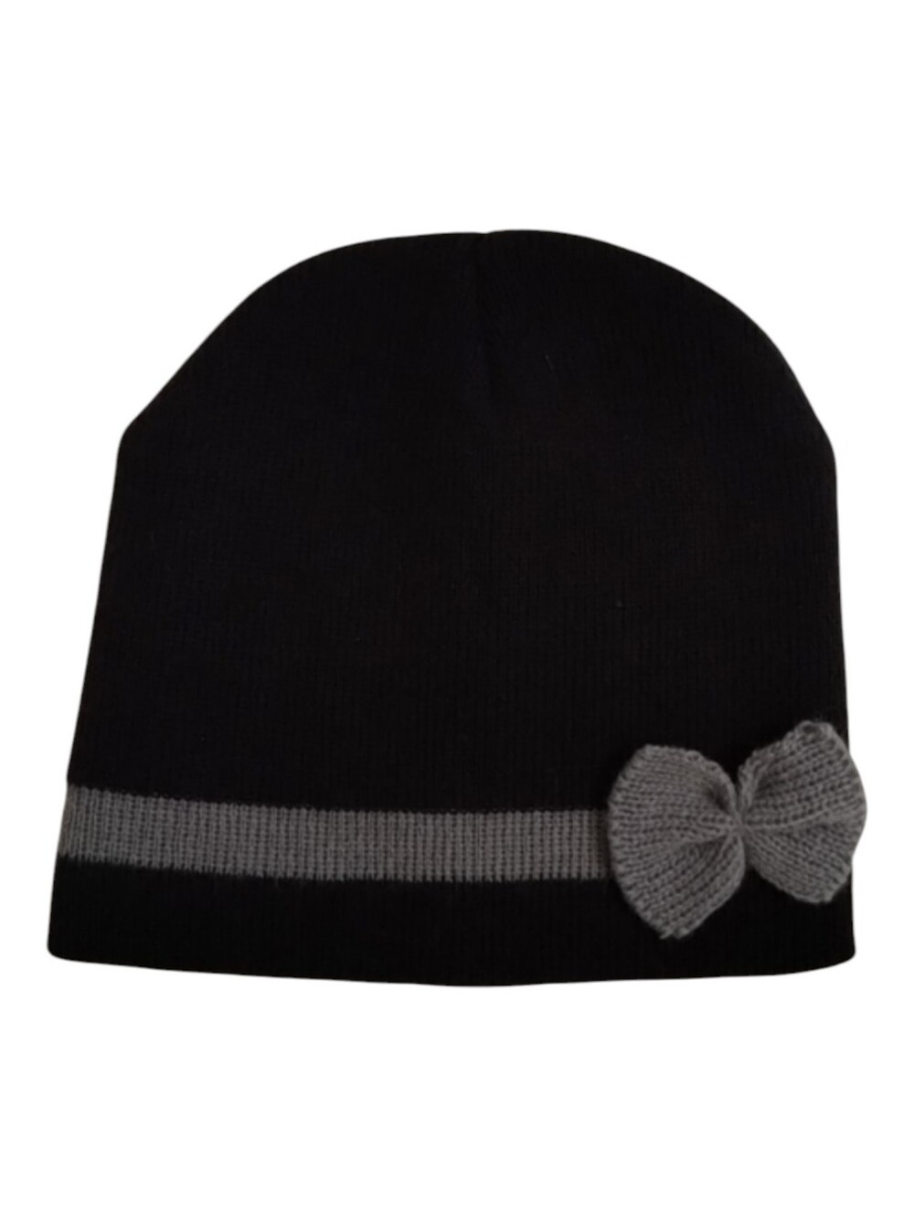 Girls Black & Gray Knit Stripe Beanie Hat with Bow Accent, One Size